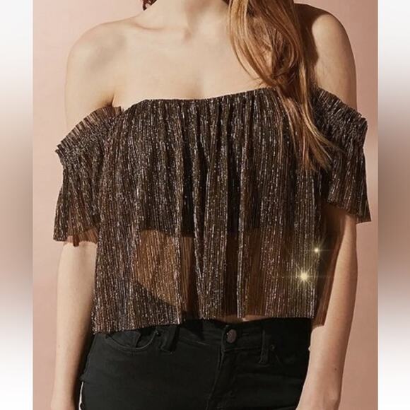 Urban Outfitters Gold and Black Metallic Off the Shoulder Crop Top, EUC, Small - Picture 1 of 11